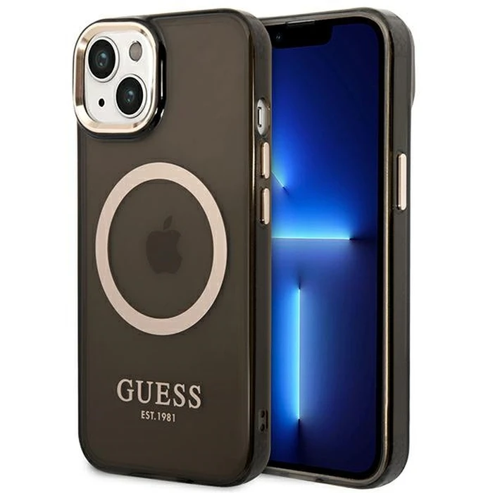 Guess GUHMP14SHTCMK Apple iPhone 14 black hard case Gold Outline Translucent MagSafe