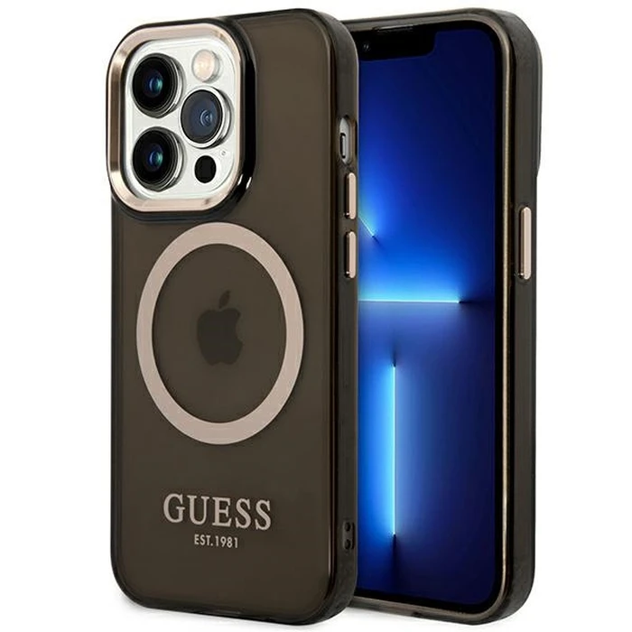 Guess GUHMP14XHTCMK Apple iPhone 14 Pro Max black hard case Gold Outline Translucent MagSafe