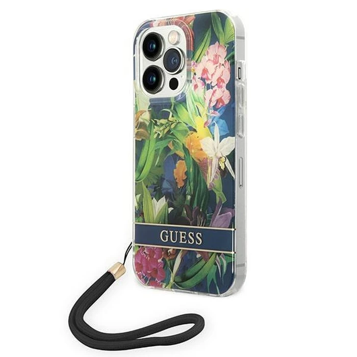 Guess GUOHCP14LHFLSB Apple iPhone 14 Pro blue hardcase Flower Strap