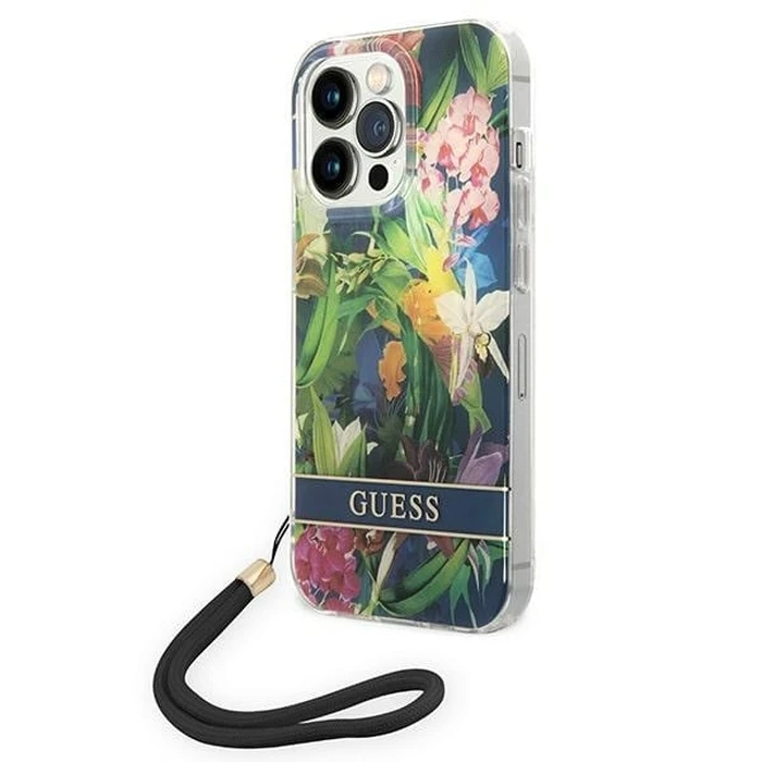 Guess GUOHCP14XHFLSB Apple iPhone 14 Pro Max blue hardcase Flower Strap