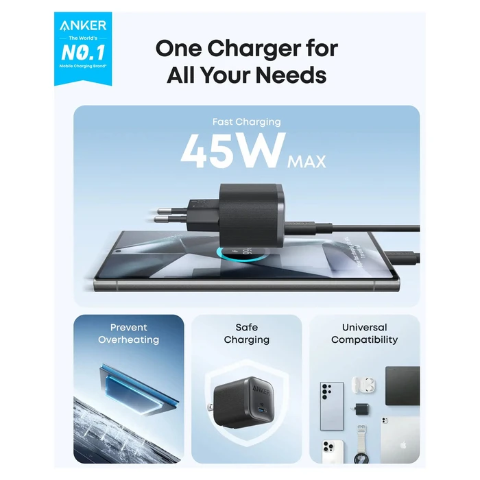 Anker Φορτιστής Τοίχου Nano GaN USB-C 45W - Μαύρος