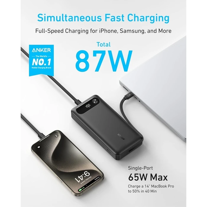 Power Bank Anker 20,000mAh 87W Max Fast Charging Built-in USB-C Cable