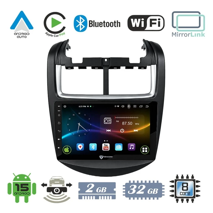 VenCore 3236-10007-0050B - Multimedia Android Head Unit 9" Android 15 9109A MTK6762 Octa-Core 2GB/32GB IPS with Facia, CarPlay, Android Auto and AHD Reverse Camera Support for Chevrolet Aveo 2006-2017 – Black