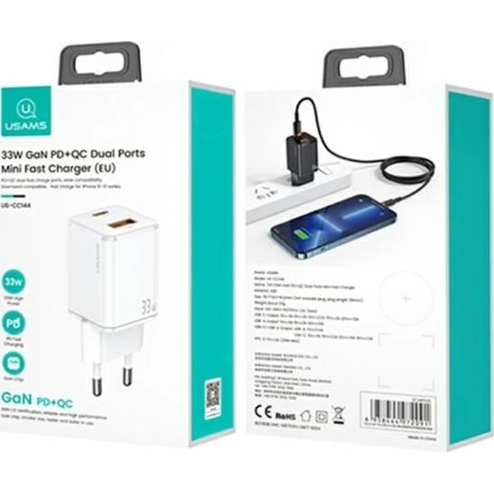 USAMS Wall Charger 1xUSB-C+1xUSB T43 33W PD3.0 +QC3.0 Fast Charging white CC144TC02 (US-CC144)