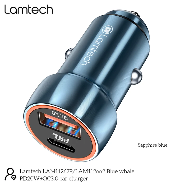 Φορτιστής Αυτοκινήτου Lamtech METAL QC3.0 & PD20W SAPHIRE BLUE