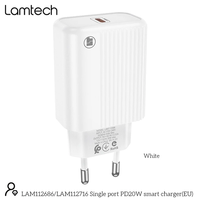 Φορτιστής Πρίζας Lamtech FAST Charger Type-C PD20W WHITE