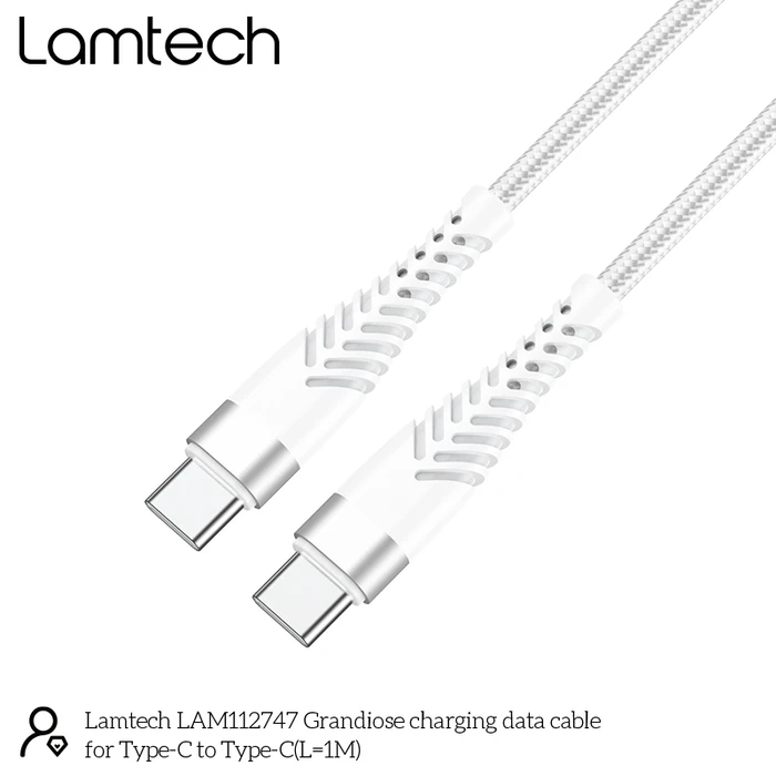 Καλώδιo USB Lamtech HQ UNBREAKABLE Type-C to Type-C WHITE 1M