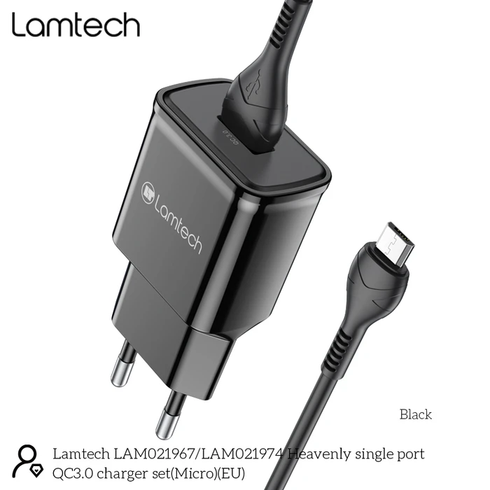 Φορτιστής Πρίζας Lamtech Quick Charger USB3.0 18W With Micro USB 1M Black