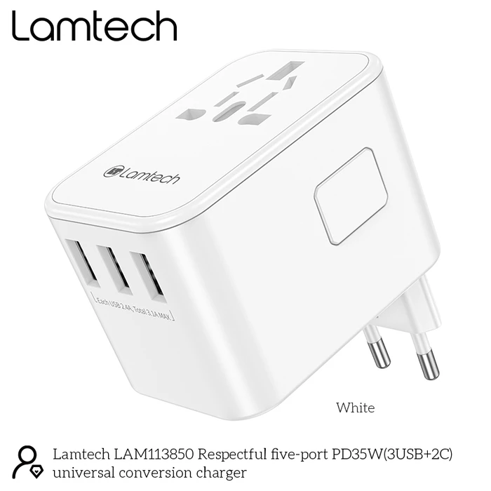 Αντάπτορας Πρίζας Lamtech Universal Travel with 3xUSB + 2xTYPE-C OUTPUTS 35W