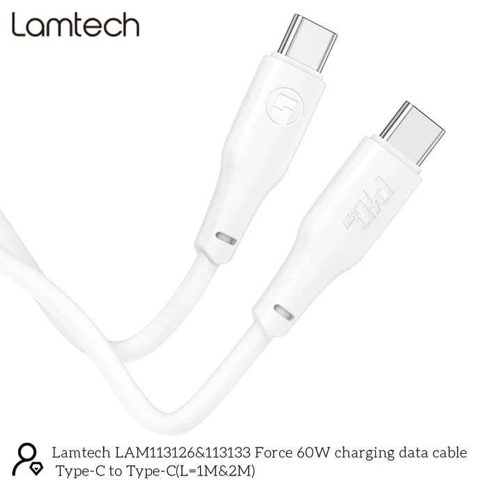Καλώδιο USB Lamtech CHARGE AND DATA Type-C TO Type-C 60W 2M White