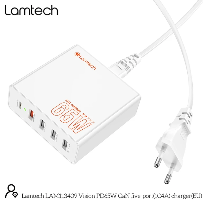Φορτιστής Πρίζας Lamtech GAN FAST CHARGER 1xType-C & 4xQC3.0 65W & EU CABLE 1.5M