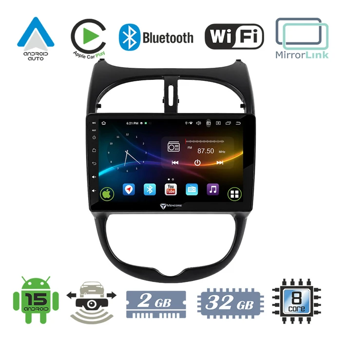 VenCore 3236-10007-0540B - Multimedia Android 15 9" IPS Display (9109A) MTK6762 Octa-Core 2GB/32GB with Front Panel, CarPlay, Android Auto & AHD Rear Camera Support for Peugeot 206 1998-2006 – Black