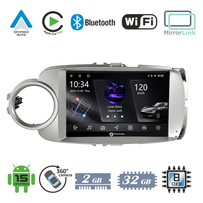 VenCore 3236-10005-0635S - Οθόνη Multimedia Android 15 9" PX5S Octa-Core 2GB/32GB IPS για Toyota Yaris 2012-2015 – Ασημί
