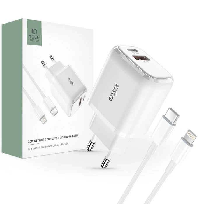 Tech-Protect C20w 2-port Network Charger PD 20W QC 3.0 + Lightning cable White