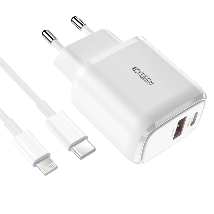Tech-Protect C20w 2-port Network Charger PD 20W QC 3.0 + Lightning cable White