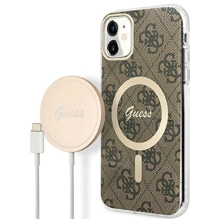 Guess GUBPN61H4EACSW Case + Wireless Charger Apple iPhone 11 brown hard case 4G Print MagSafe