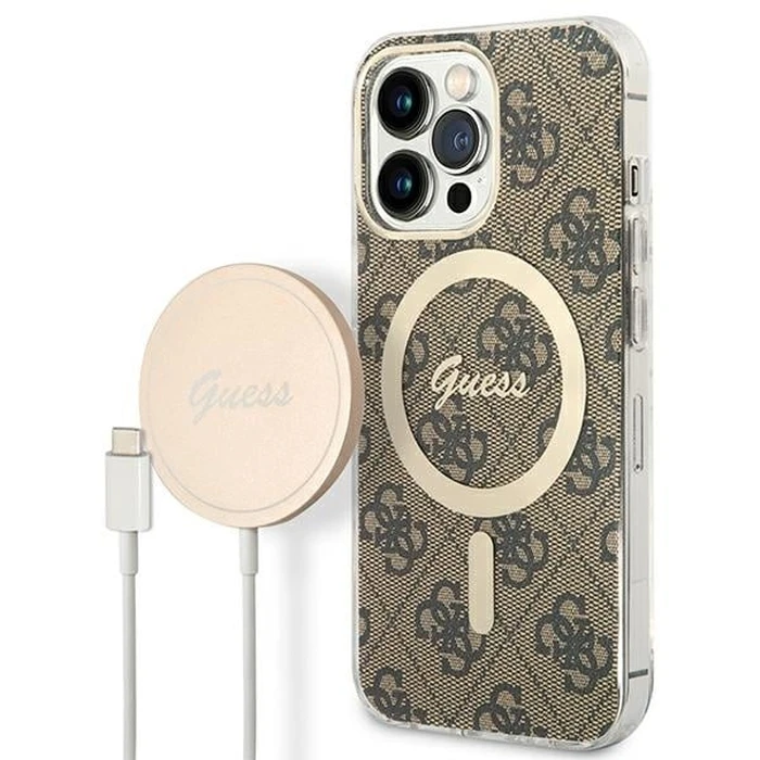 Guess GUBPP13LH4EACSW Case + Wireless Charger Apple iPhone 13 Pro brown hard case 4G Print MagSafe