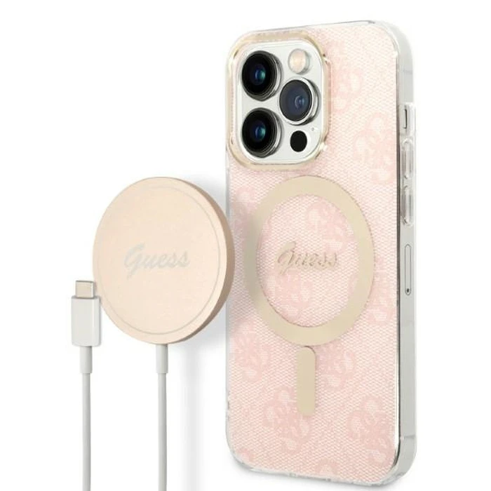 Guess GUBPP14LH4EACSP Case + Wireless Charger Apple iPhone 14 Pro pink hard case 4G Print MagSafe