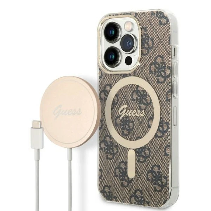 Guess GUBPP14LH4EACSW Case + Wireless Charger Apple iPhone 14 Pro brown hard case 4G Print MagSafe