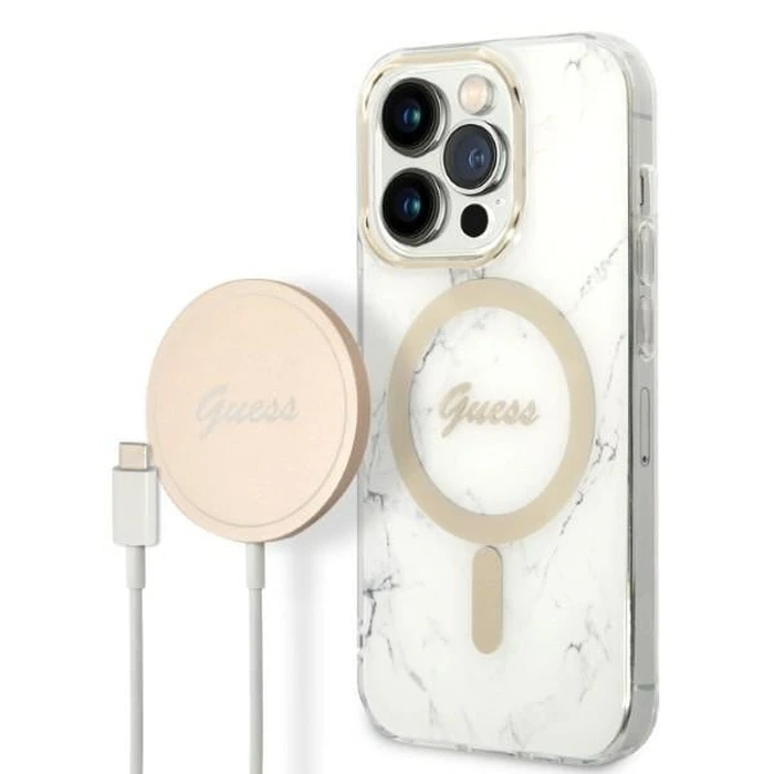 Guess GUBPP14LHMEACSH Case + Wireless Charger Apple iPhone 14 Pro white hard case Marble MagSafe