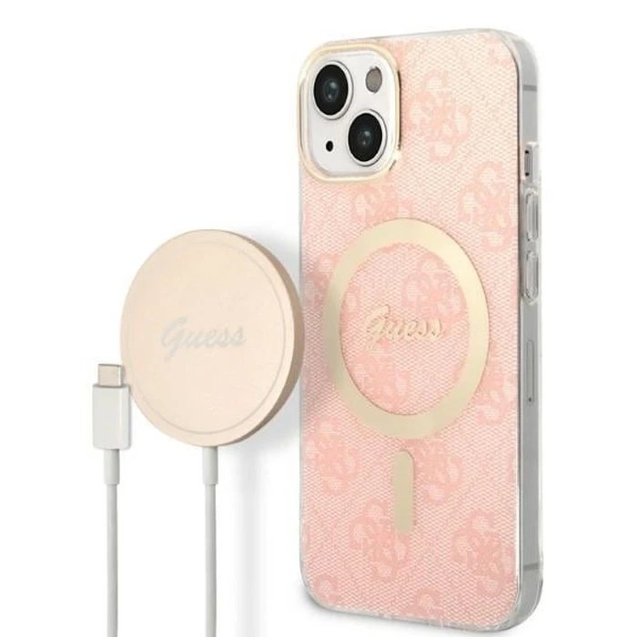 Guess GUBPP14MH4EACSP Case + Wireless Charger Apple iPhone 14 Plus / 15 Plus pink hard case 4G Print MagSafe