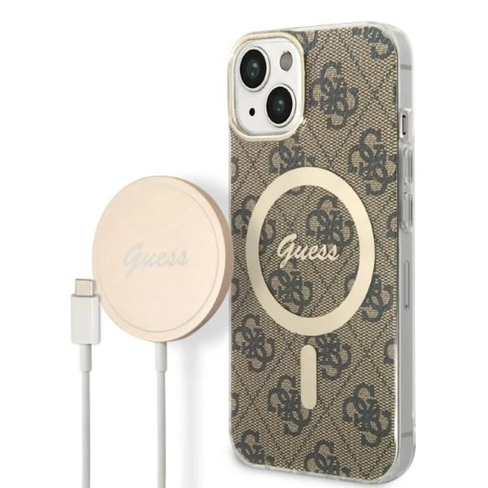 Guess GUBPP14MH4EACSW Case + Wireless Charger Apple iPhone 14 Plus / 15 Plus brown hard case 4G Print MagSafe