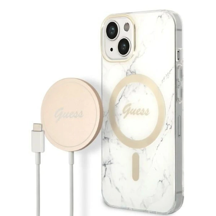 Guess GUBPP14MHMEACSH Case + Wireless Charger Apple iPhone 14 Plus / 15 Plus white hard case Marble MagSafe