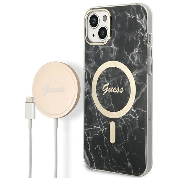 Guess GUBPP14MHMEACSK Case + Wireless Charger Apple iPhone 14 Plus / 15 Plus black hard case Marble MagSafe