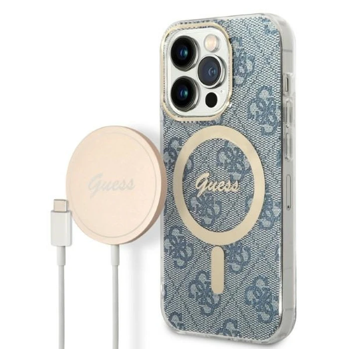 Guess GUBPP14XH4EACSB Case + Wireless Charger Apple iPhone 14 Pro Max blue hard case 4G Print MagSafe