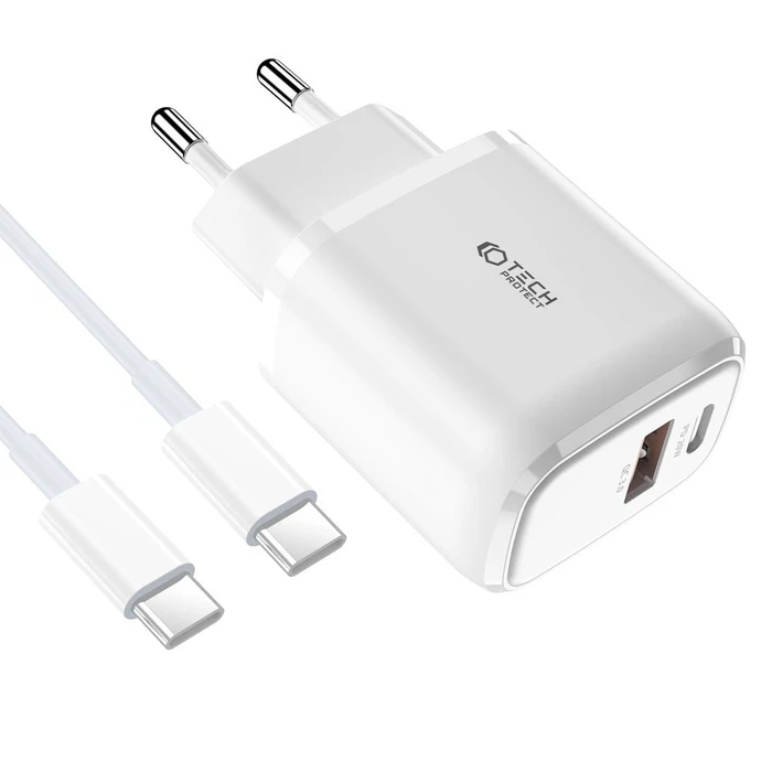 Tech-Protect C20W 2-port Network Charger PD 20W QC 3.0 + USB-C Cable White