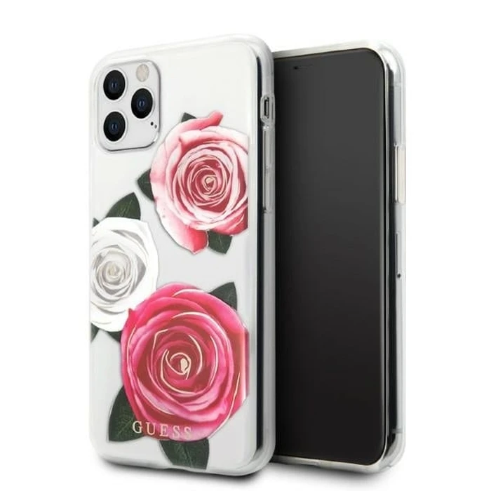 Guess GUHCN58ROSTRT Apple iPhone 11 Pro transparent hardcase Flower Desire Pink & White Rose