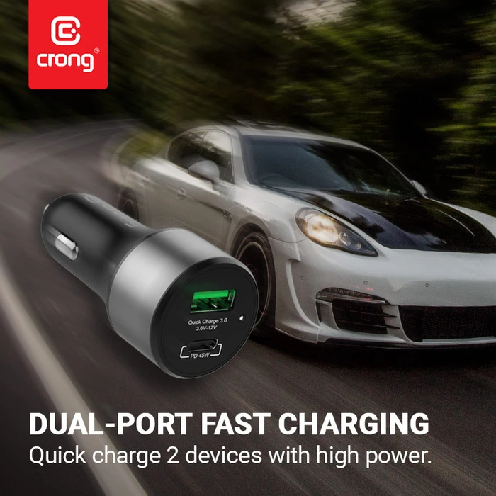 Crong Power Car Charger 63W USB-C PD 45W + USB QC 3.0 18W (black)