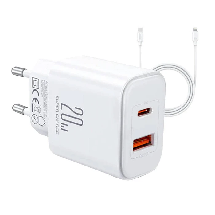 Φορτιστής Πρίζας Joyroom JR-TCF05 Flash, 20W + C to L Cable 1m (White)