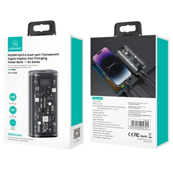 USAMS Powerbank 9000mAh PD 20W QC3.0+PD Dual-Port Fast Charge black (US-CD189)