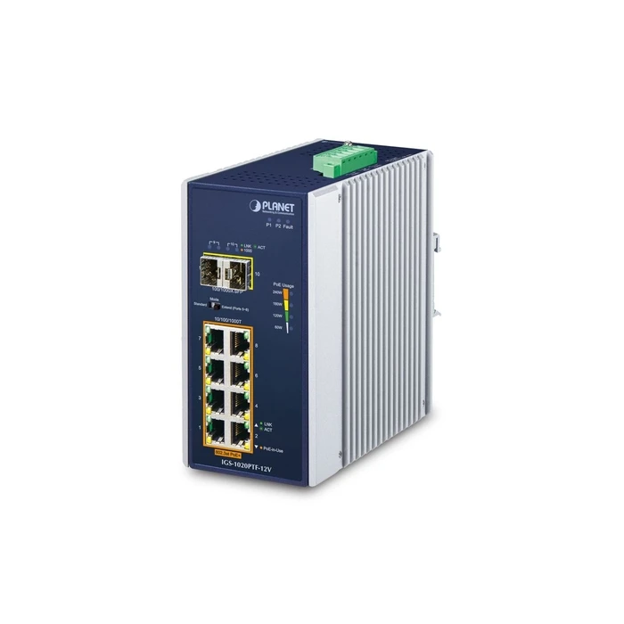 Planet IGS-1020PTF-12V Unmanaged L2 PoE+ Switch with 8 x 1Gbps Ethernet Ports and 2 SFP Ports