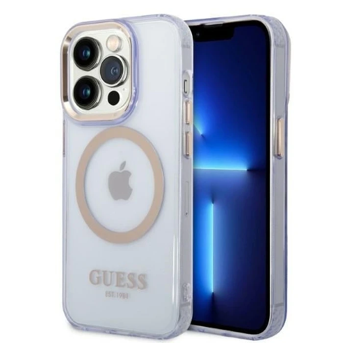 Guess GUHMP14LHTCMU Apple iPhone 14 Pro purple hard case Gold Outline Translucent MagSafe