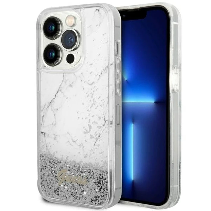 Guess GUHCP14LLCSGSGH Apple iPhone 14 Pro white hardcase Liquid Glitter Marble