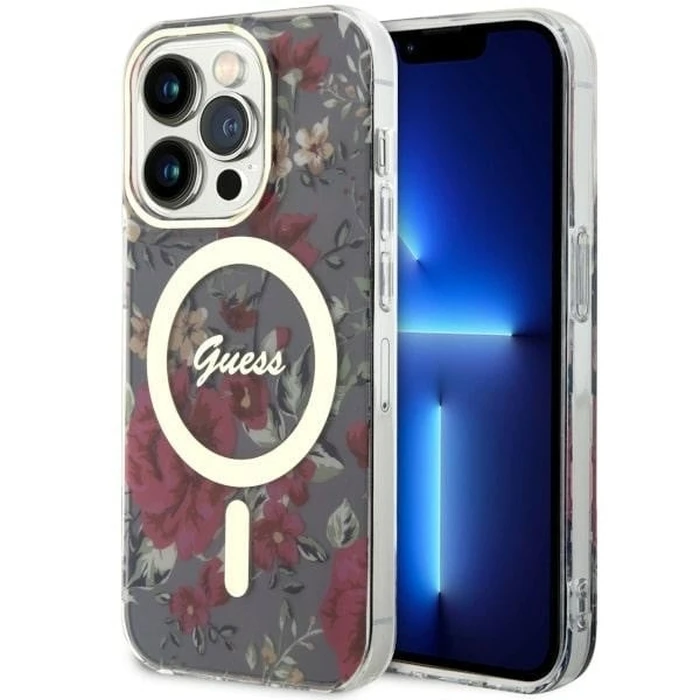 Guess GUHMP14LHCFWSA Apple iPhone 14 Pro khaki hardcase Flower MagSafe