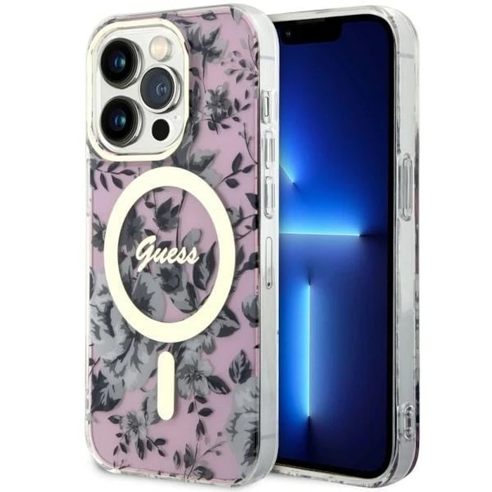 Guess GUHMP14LHCFWSP Apple iPhone 14 Pro pink hardcase Flower MagSafe