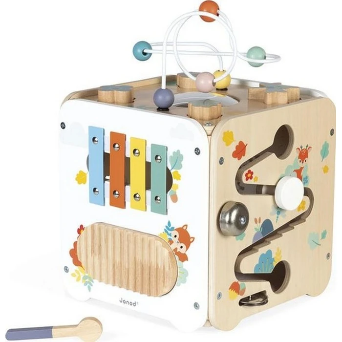 Janod Pure Multifunctional Educational Activity Cube with Bead Maze (Large) - 20 Activities - J05142