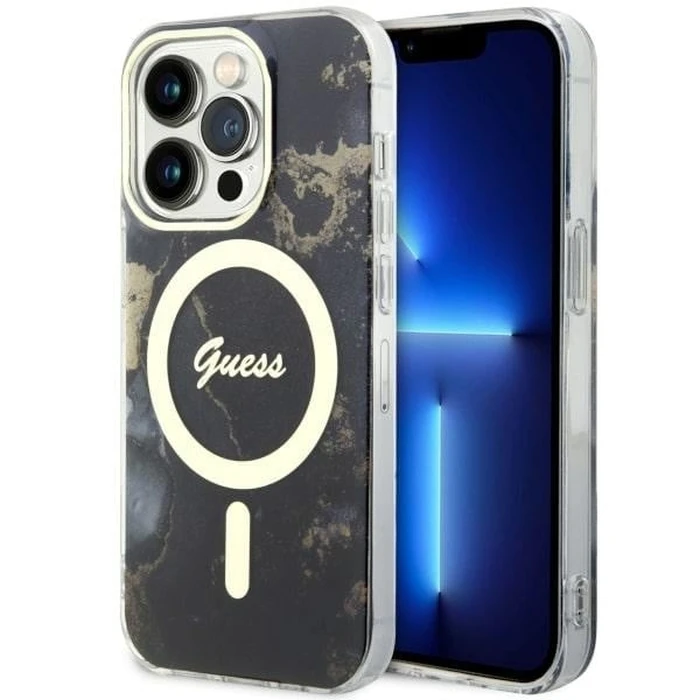 Case Guess GUHMP14LHTMRSK Apple iPhone 14 Pro black/black hardcase Golden Marble MagSafe
