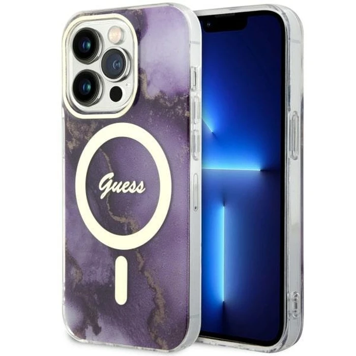 Case Guess GUHMP14LHTMRSU Apple iPhone 14 Pro purple/purple hardcase Golden Marble MagSafe