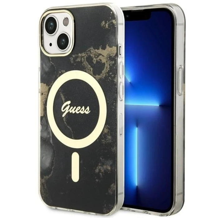 Guess GUHMP14MHTMRSK Apple iPhone 14 Plus / 15 Plus black hardcase Golden Marble MagSafe