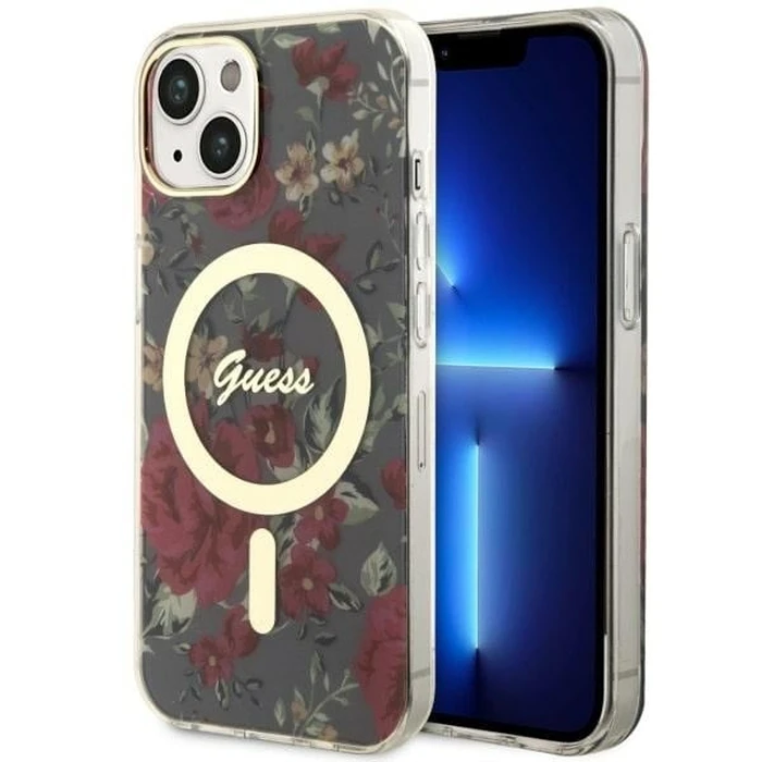 Guess GUHMP14SHCFWSA Apple iPhone 14 khaki hardcase Flower MagSafe