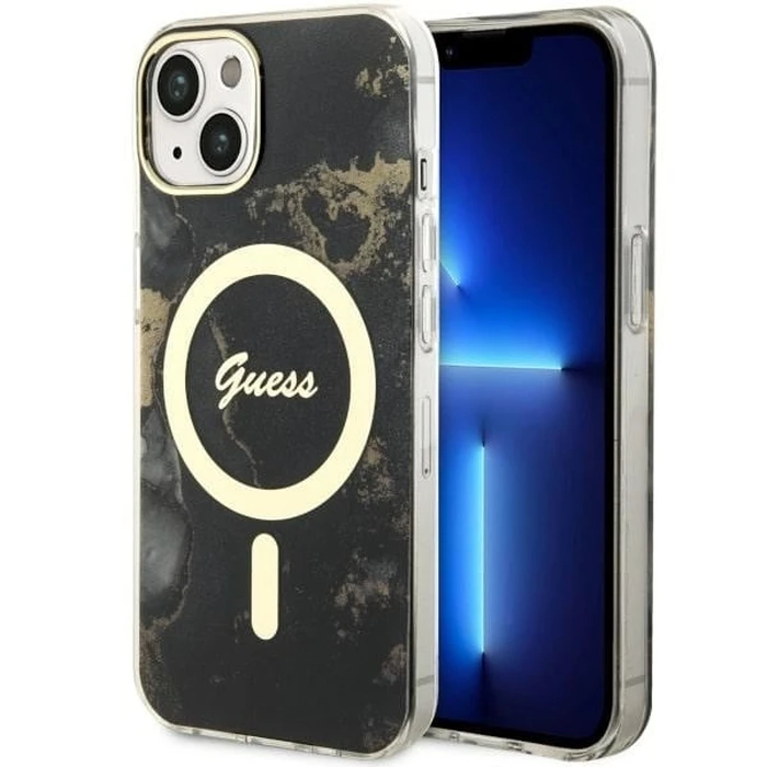 Guess GUHMP14SHTMRSK Apple iPhone 14 black hardcase Golden Marble MagSafe