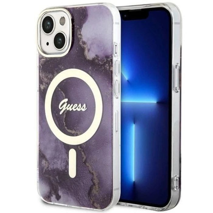 Guess GUHMP14SHTMRSU Apple iPhone 14 purple hardcase Golden Marble MagSafe