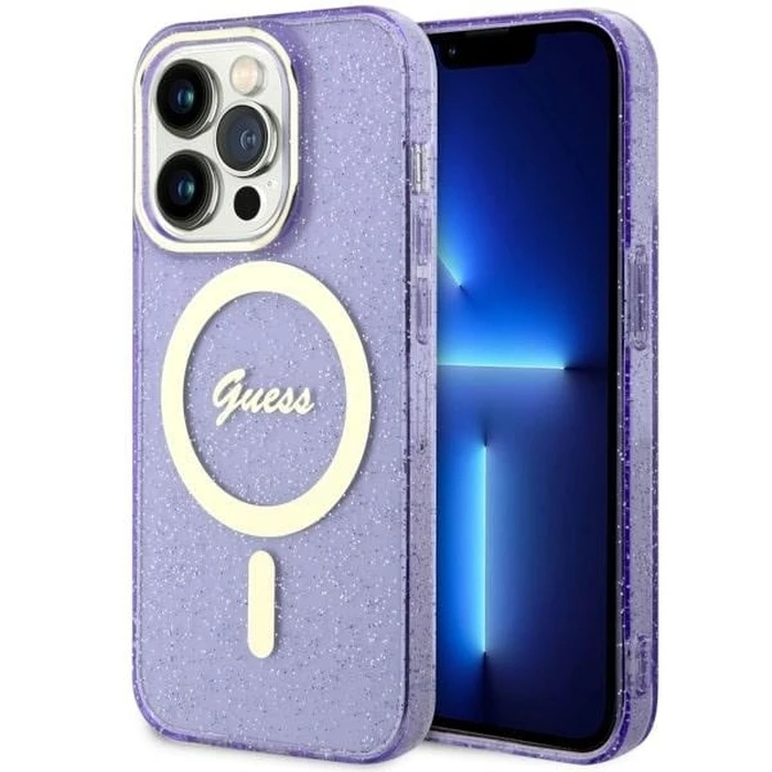 Guess GUHMP14XHCMCGU Apple iPhone 14 Pro Max purple hardcase Glitter Gold MagSafe