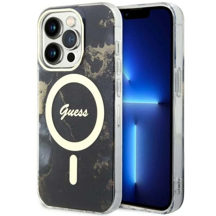 Guess GUHMP14XHTMRSK Apple iPhone 14 Pro Max black hardcase Golden Marble MagSafe