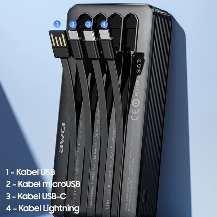 AWEI P134K Powerbank 20000mAh black Display + USB/PD/Lightning/microUSB Cables
