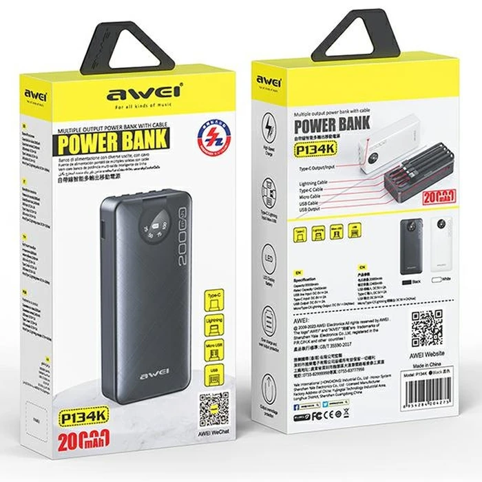 AWEI P134K Powerbank 20000mAh black Display + USB/PD/Lightning/microUSB Cables